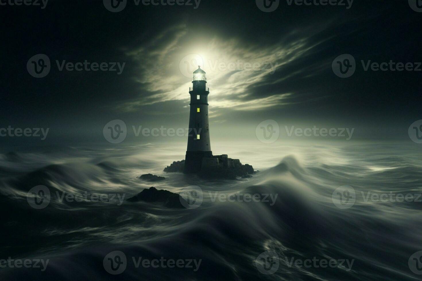AI generated Tall and proud, the lighthouse looms over a mysterious foggy seascape photo