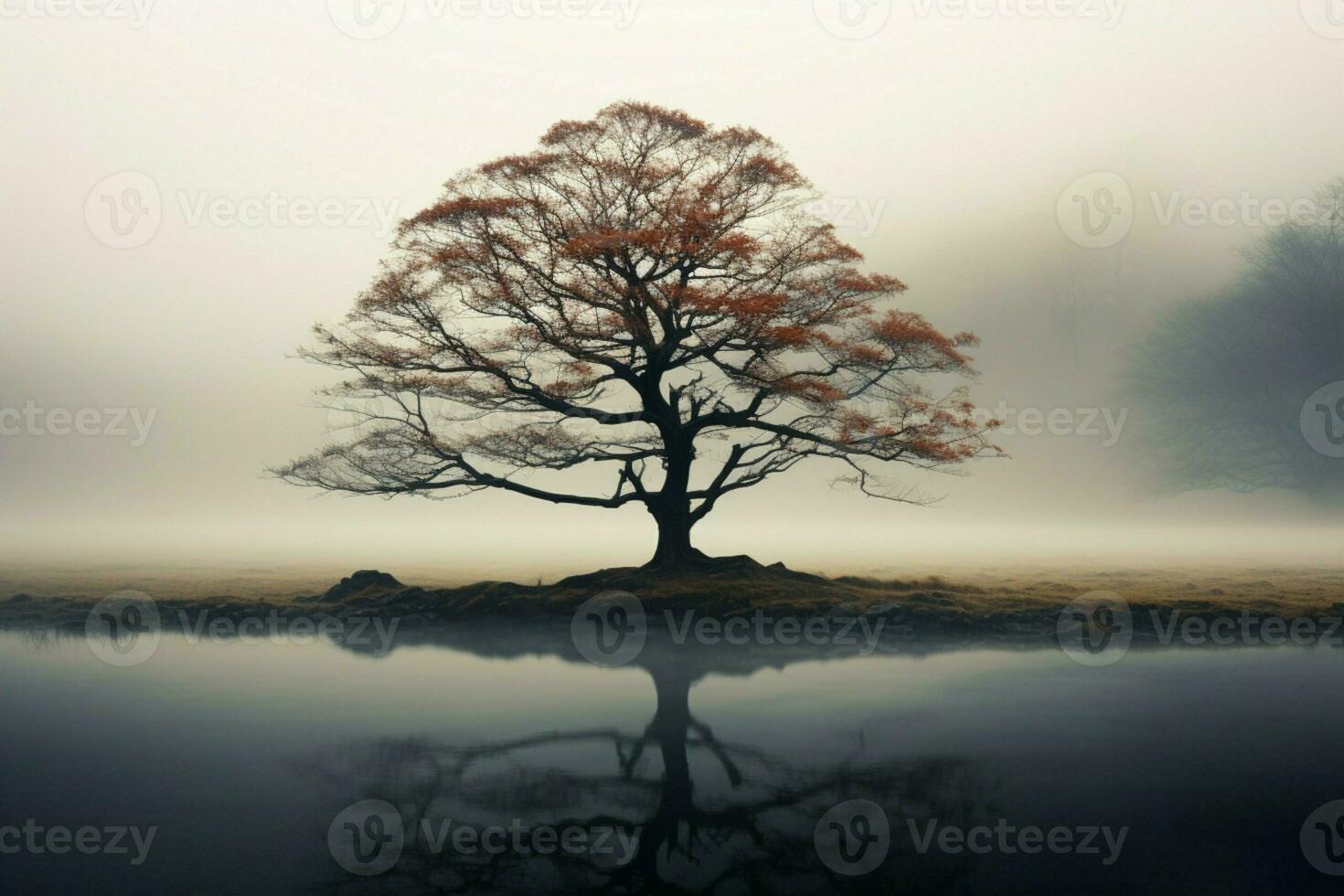 AI generated Ethereal beauty solitary tree rises from the mist in solitude photo