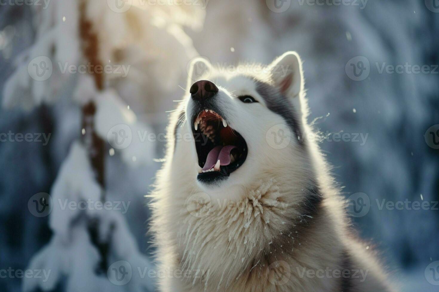 AI generated Snowy ecstasy husky stands with mouth open, reveling in winter photo