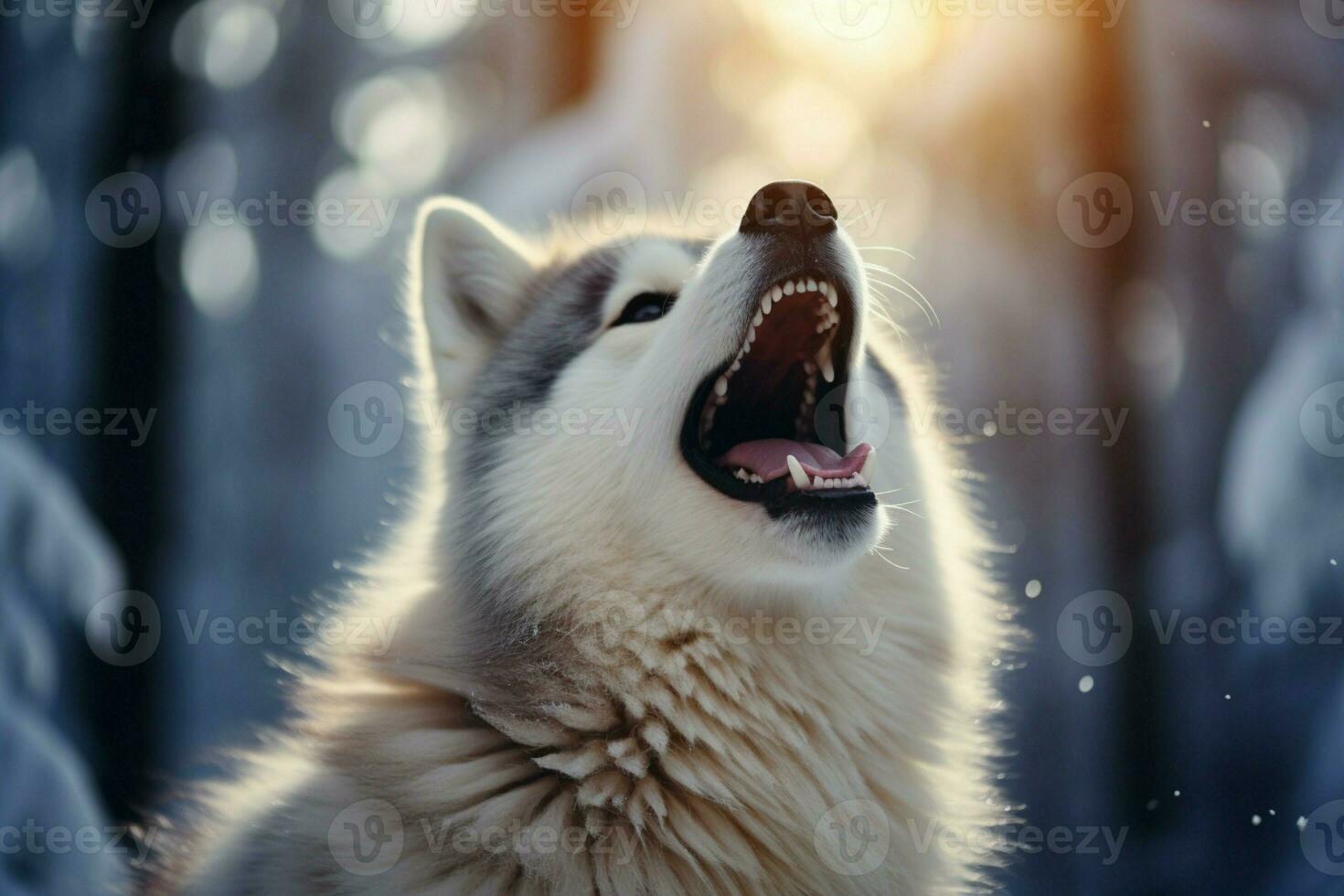 AI generated Snowy ecstasy husky stands with mouth open, reveling in winter photo
