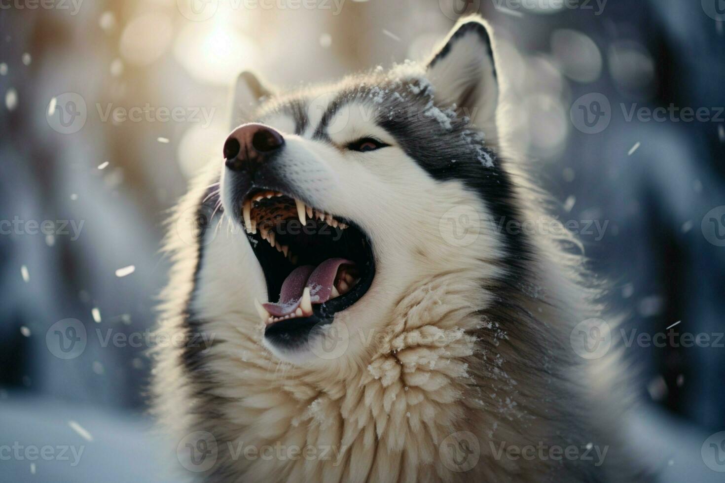 AI generated Husky delight standing in snow, mouth open, embracing winter scenery photo