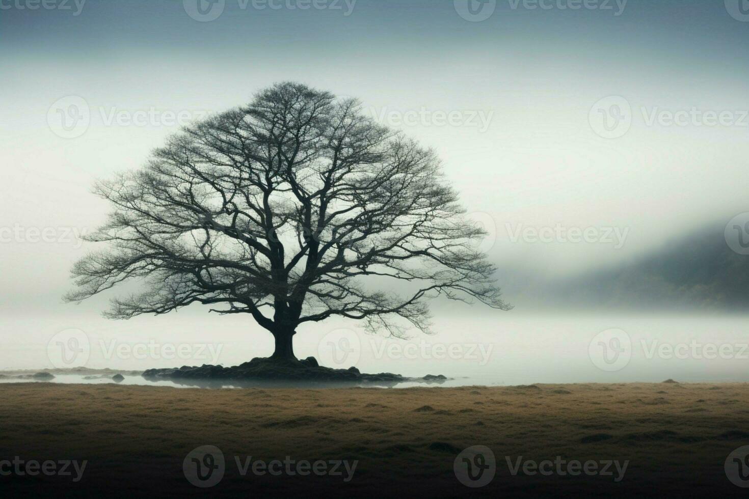 AI generated Majestic isolation a solitary tree emerges from the mist alone photo
