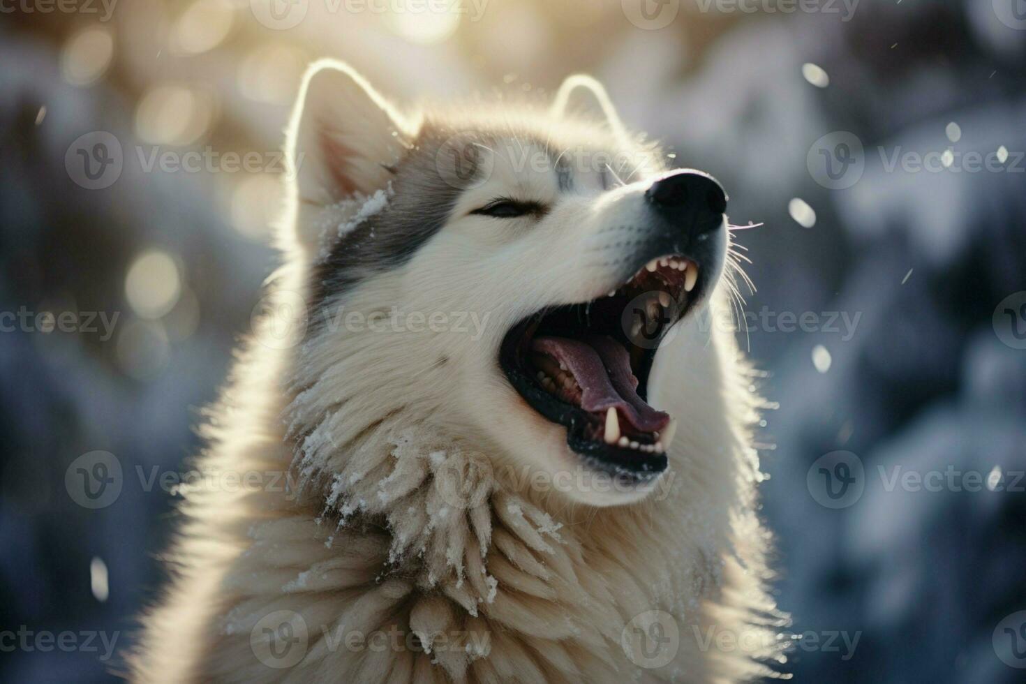 AI generated Husky delight standing in snow, mouth open, embracing winter scenery photo