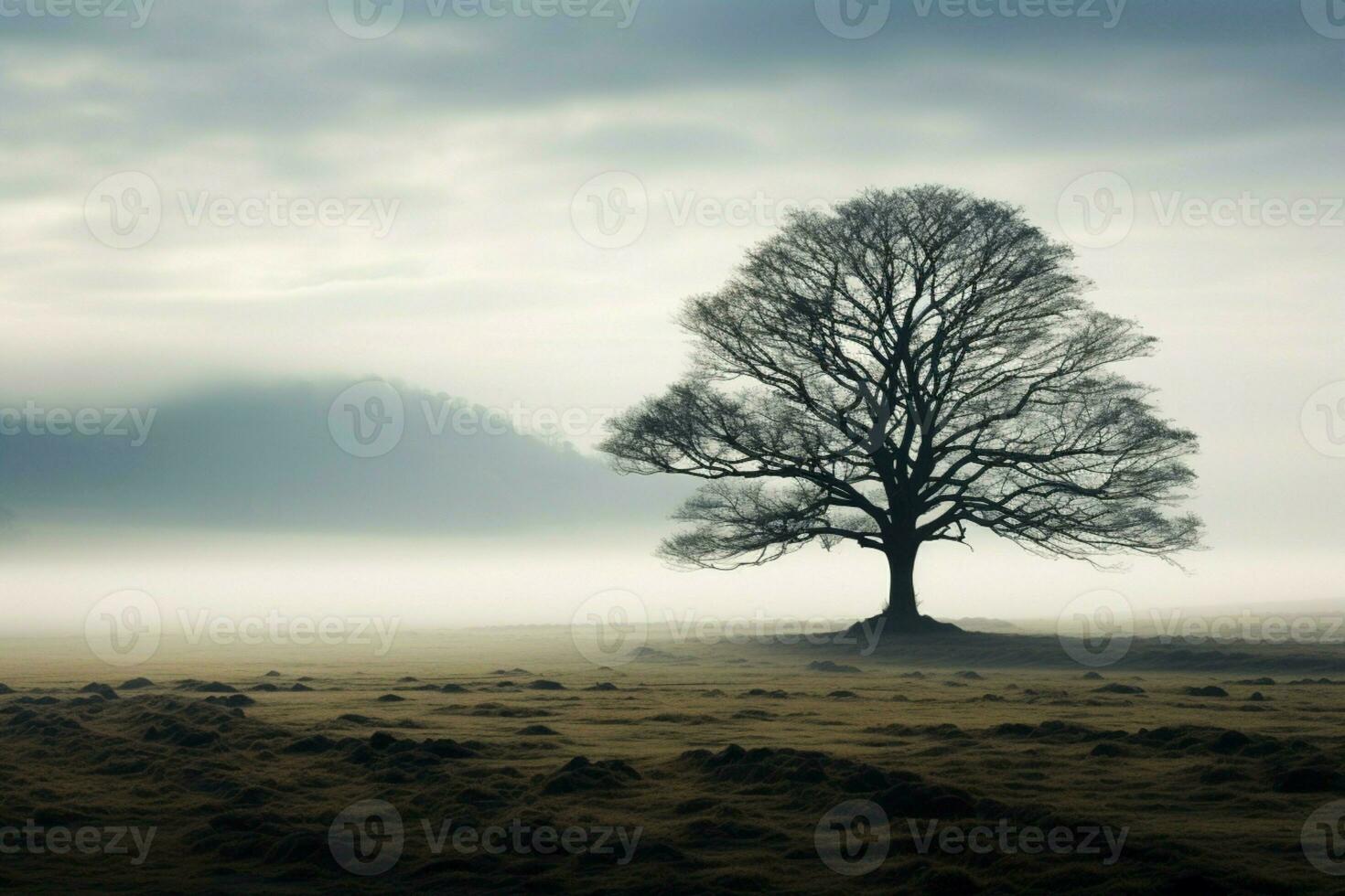 AI generated Lone tree emerges gracefully from the mist in an open field photo