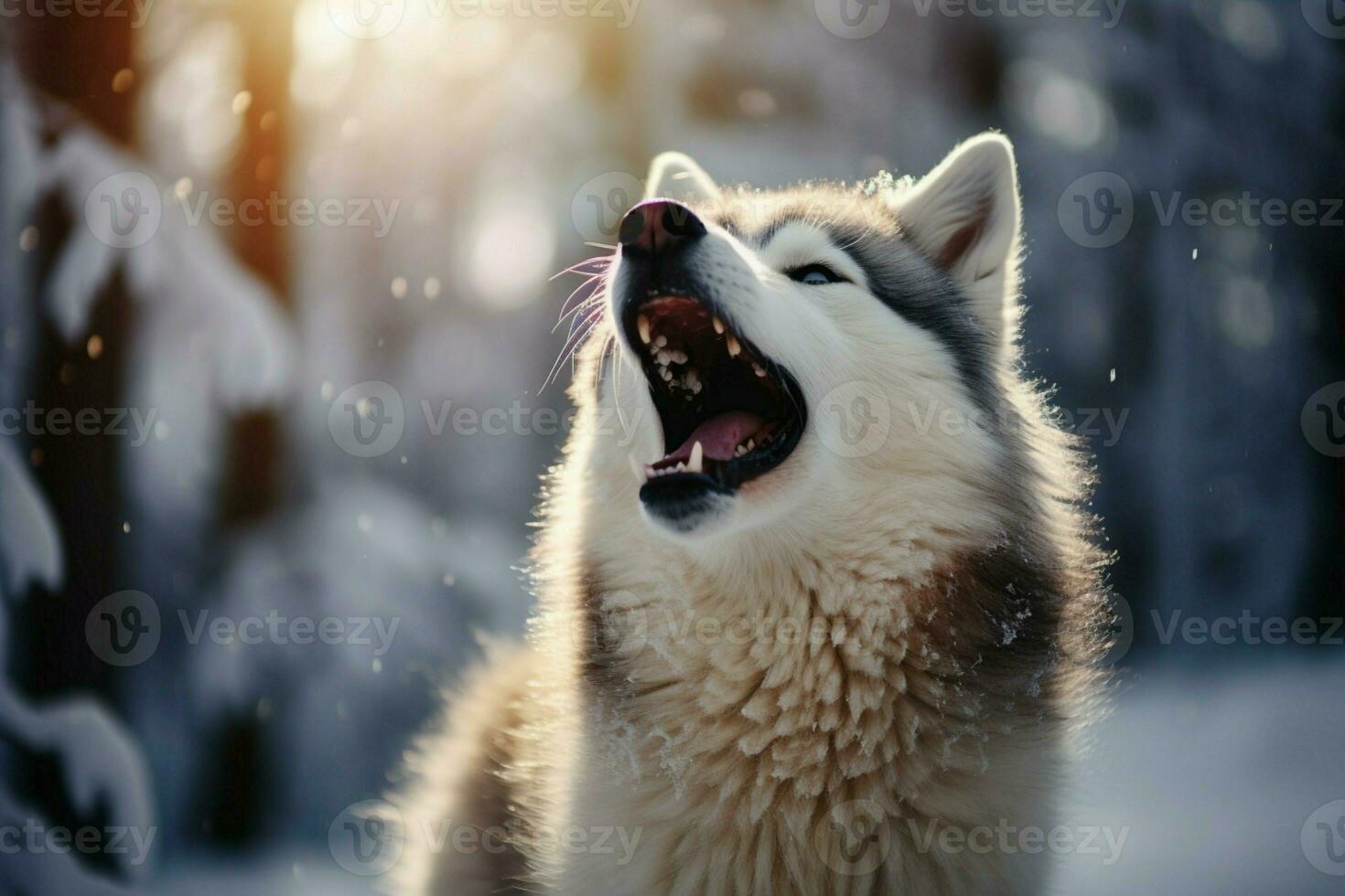 AI generated Snowy ecstasy husky stands with mouth open, reveling in winter photo