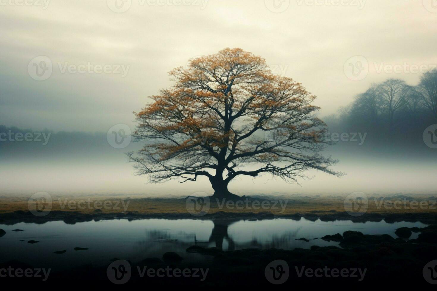 AI generated Ethereal beauty solitary tree rises from the mist in solitude photo