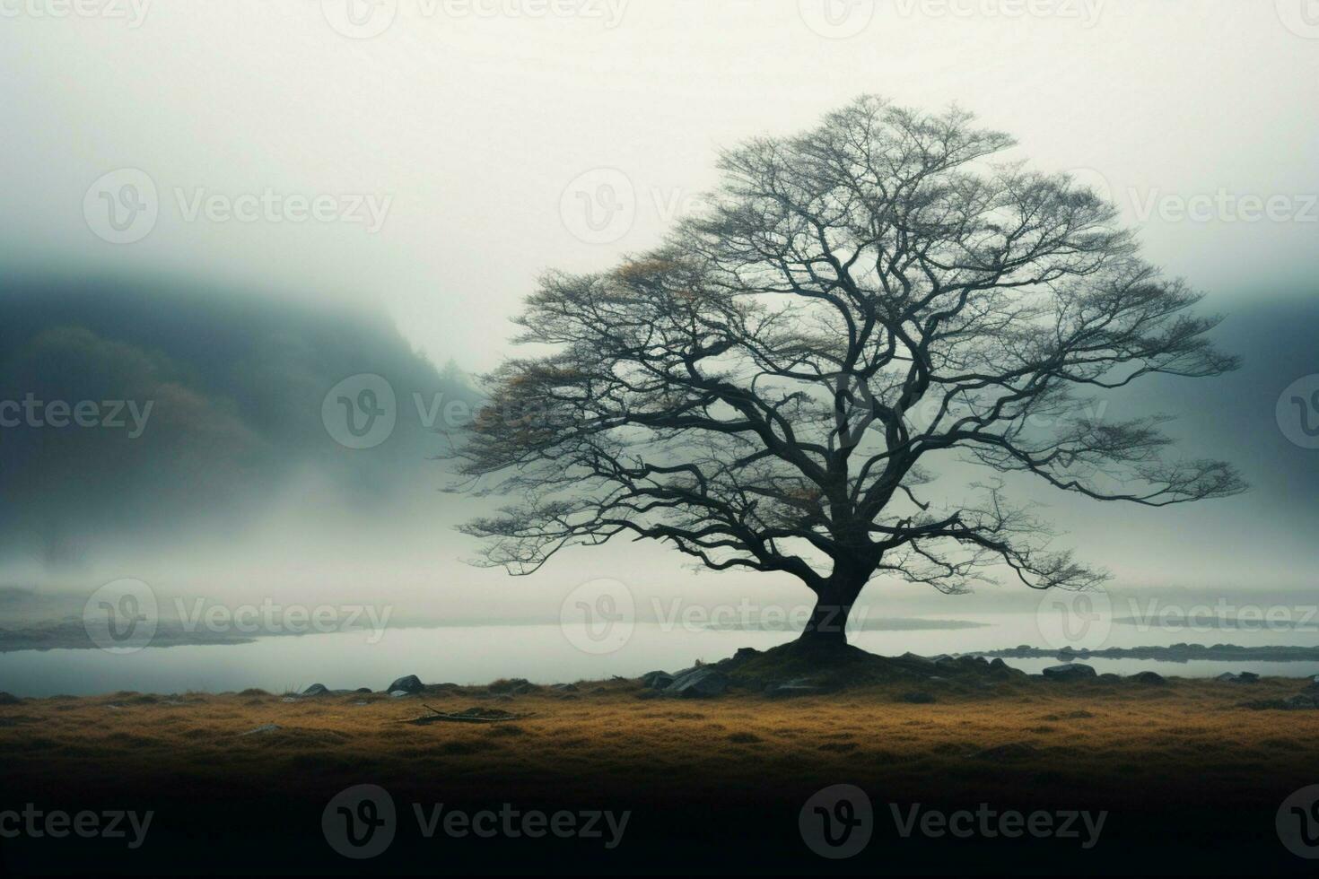 AI generated Ethereal beauty solitary tree rises from the mist in solitude photo