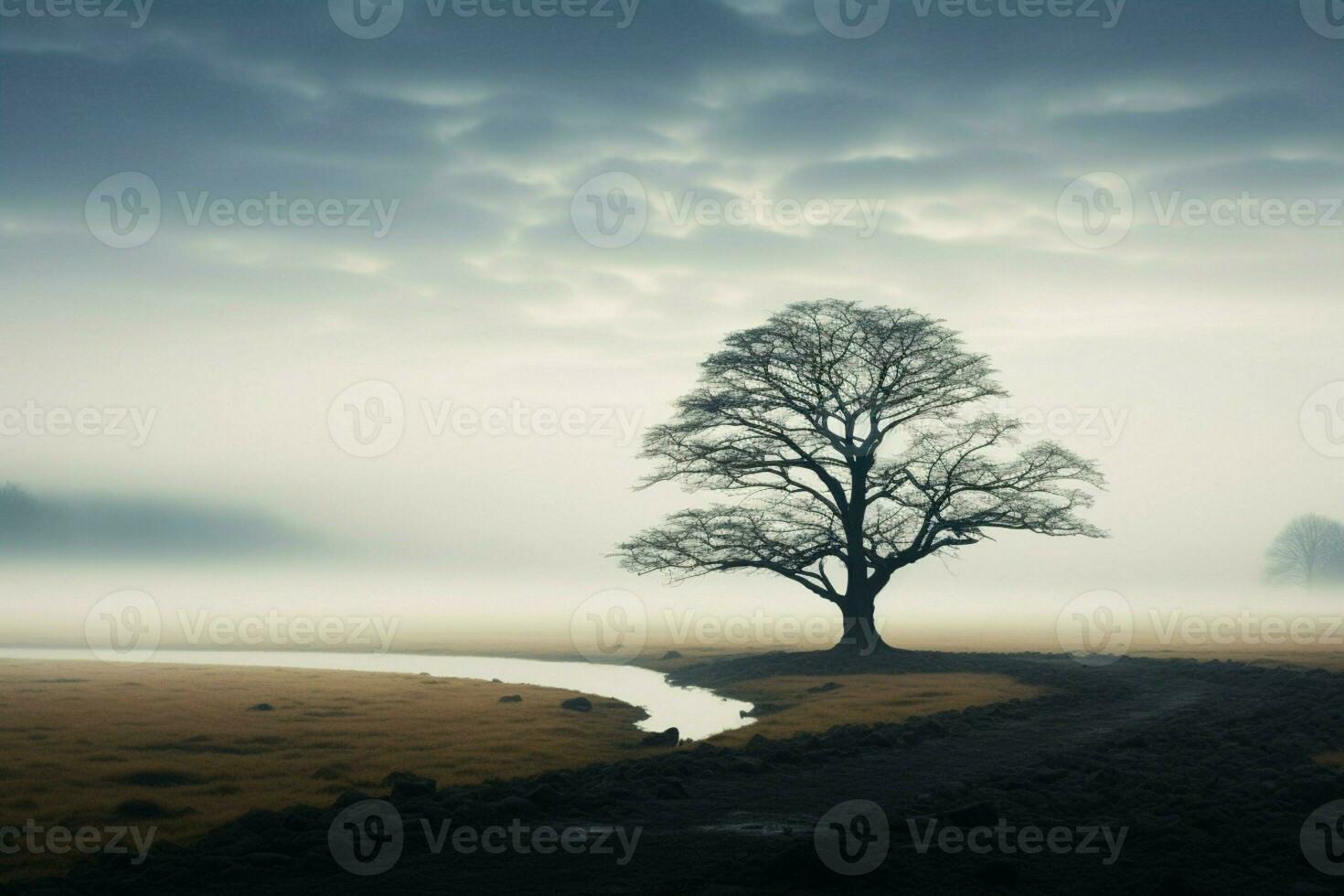 AI generated Lone tree emerges gracefully from the mist in an open field photo