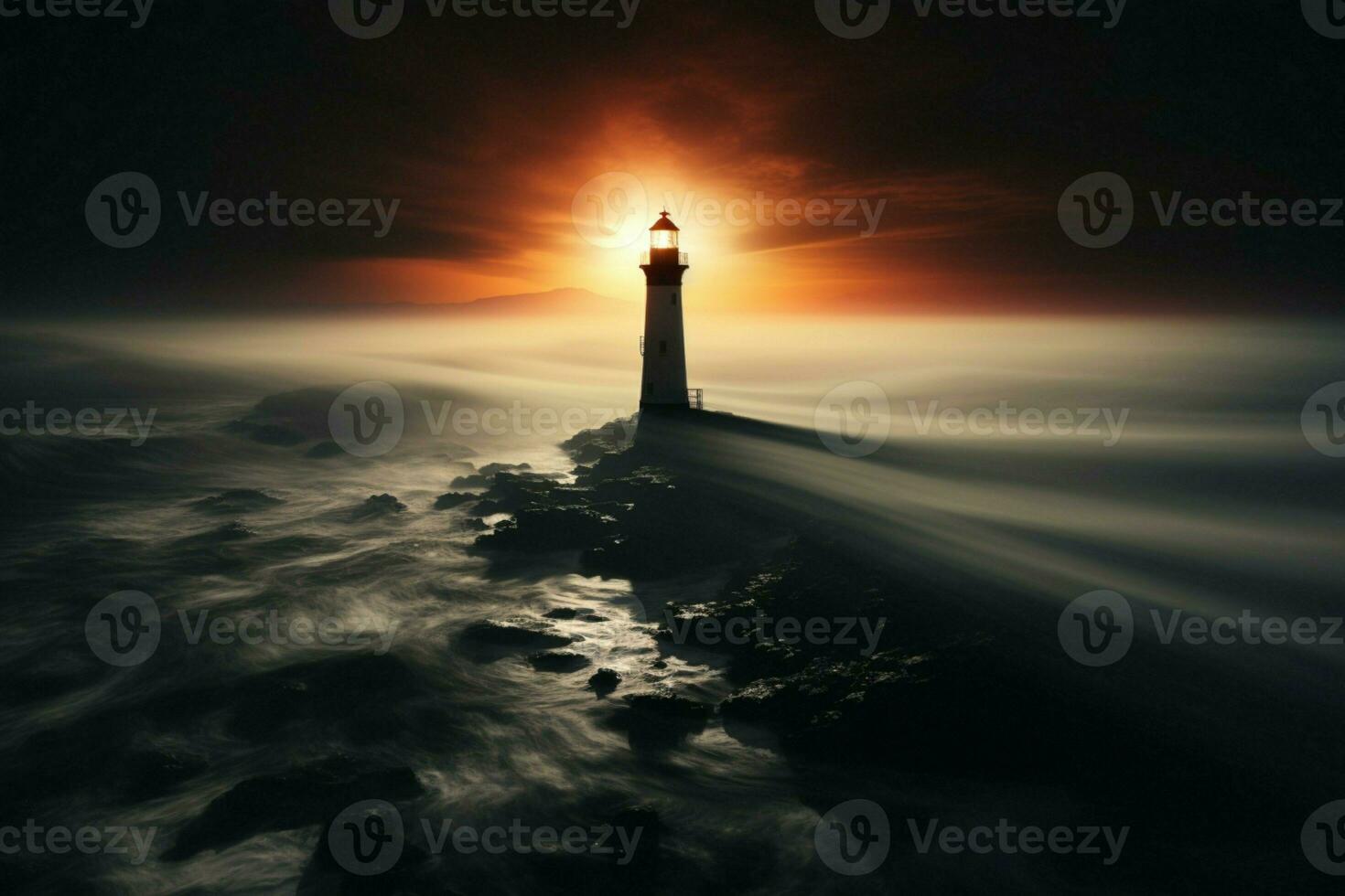 AI generated Foggy mystery surrounds a tall, proud lighthouse in the seascape photo