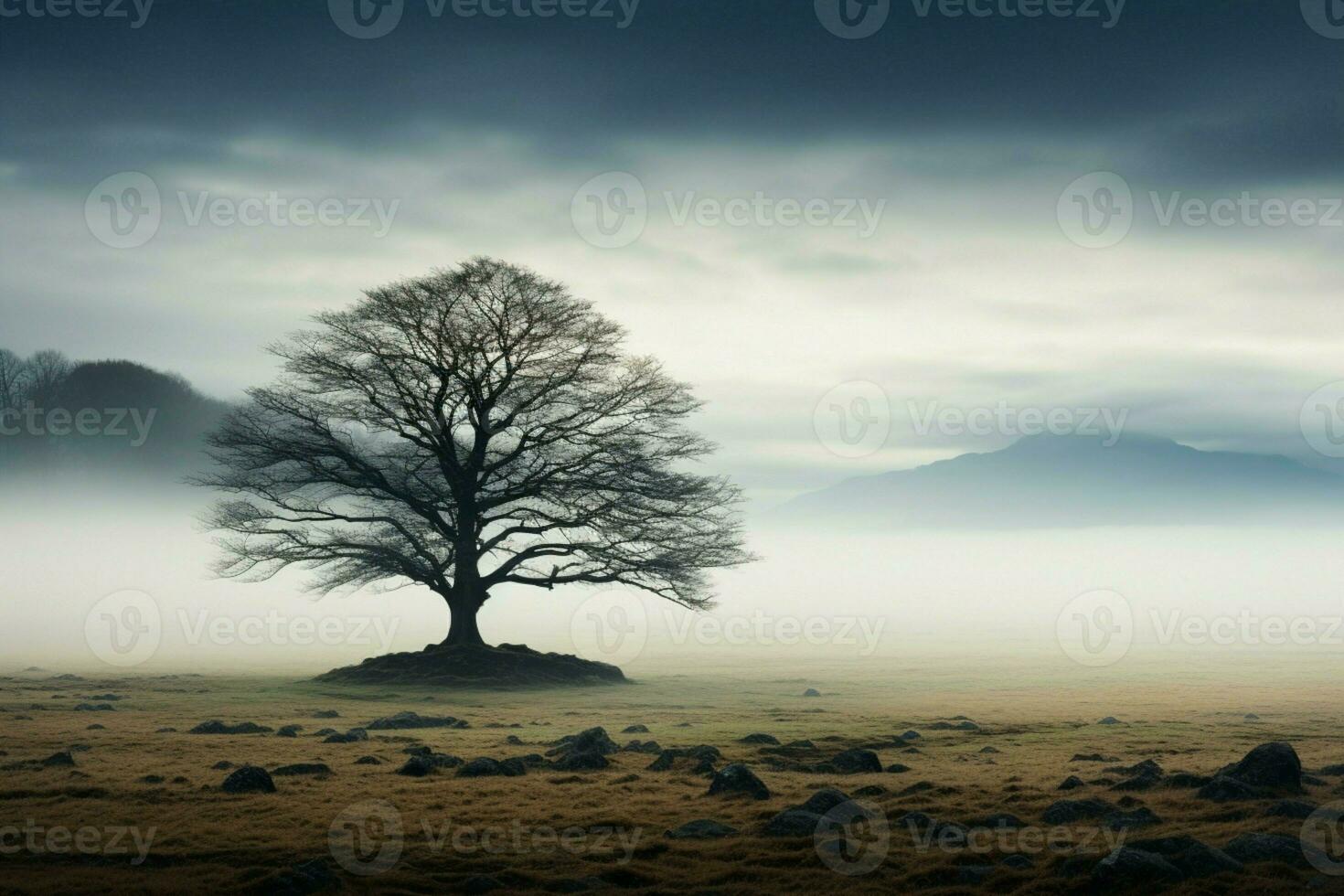 AI generated Solitary tree emerges from mist, a majestic figure in open field photo