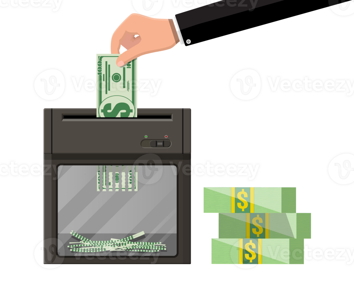 Hand putting dollar banknote in shredder machine png