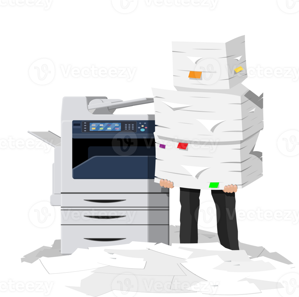 Pile of paper documents and printer png
