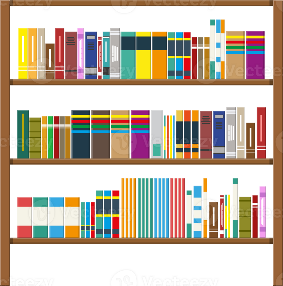 Library book shelf. Bookcase with different books. png