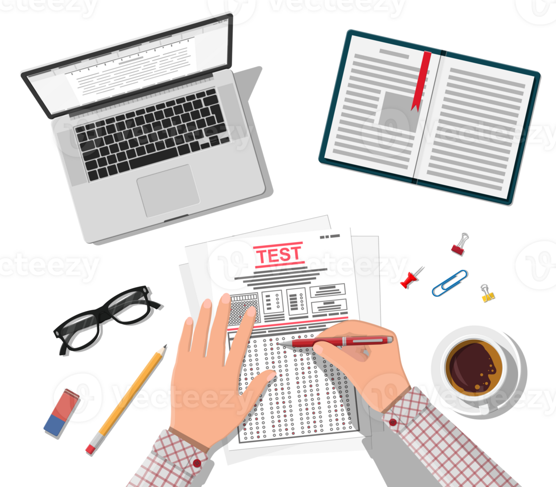 Hands with pen fill survey or exam forms. png