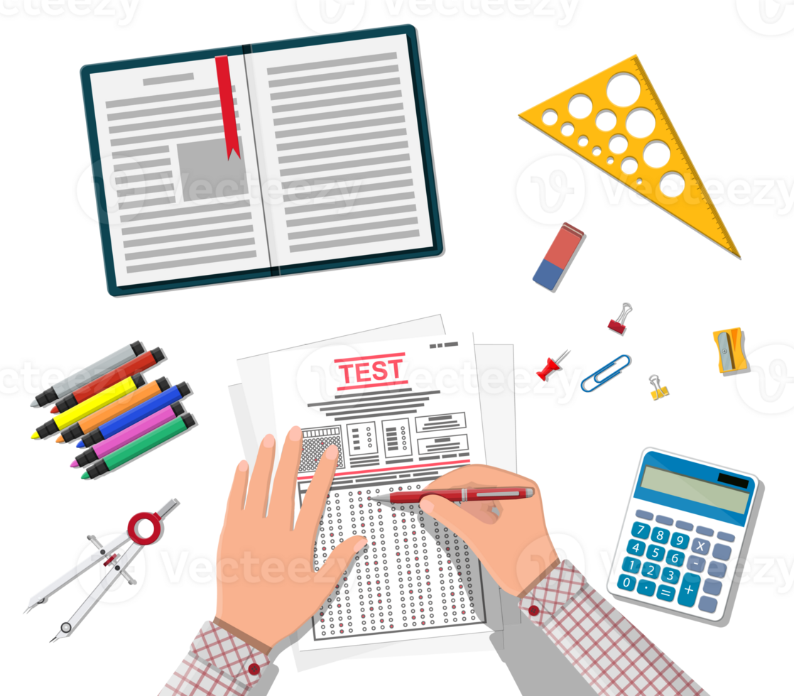 Hands with pen fill survey or exam forms. png
