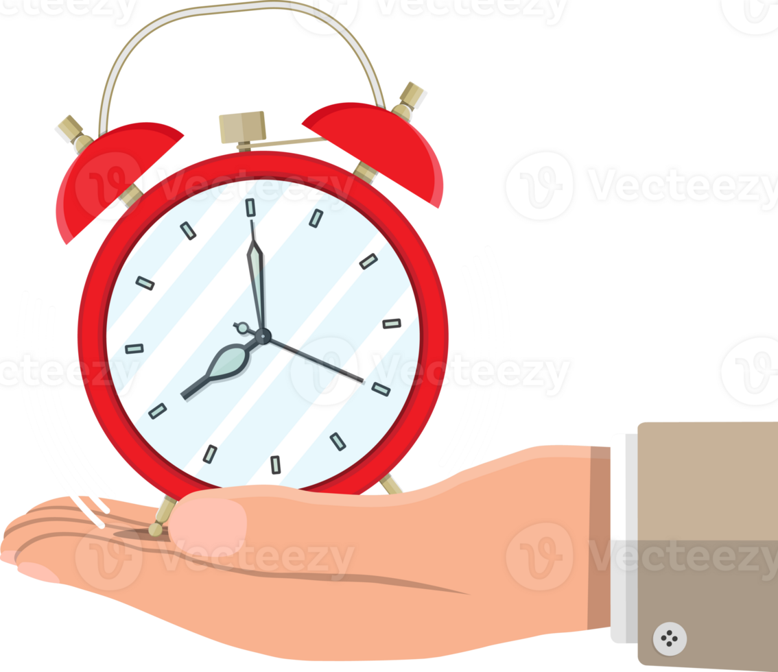 Hand with red alarm clock png