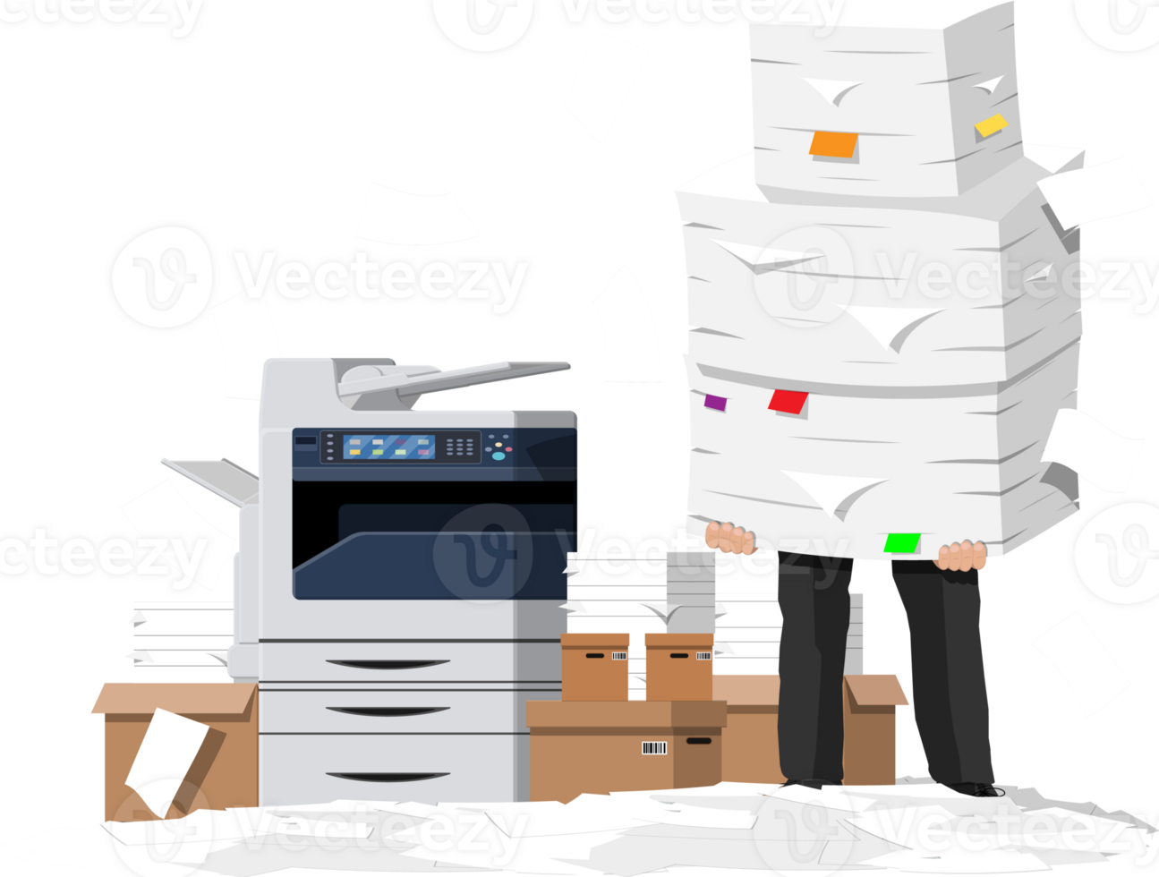 Pile of paper documents and printer png