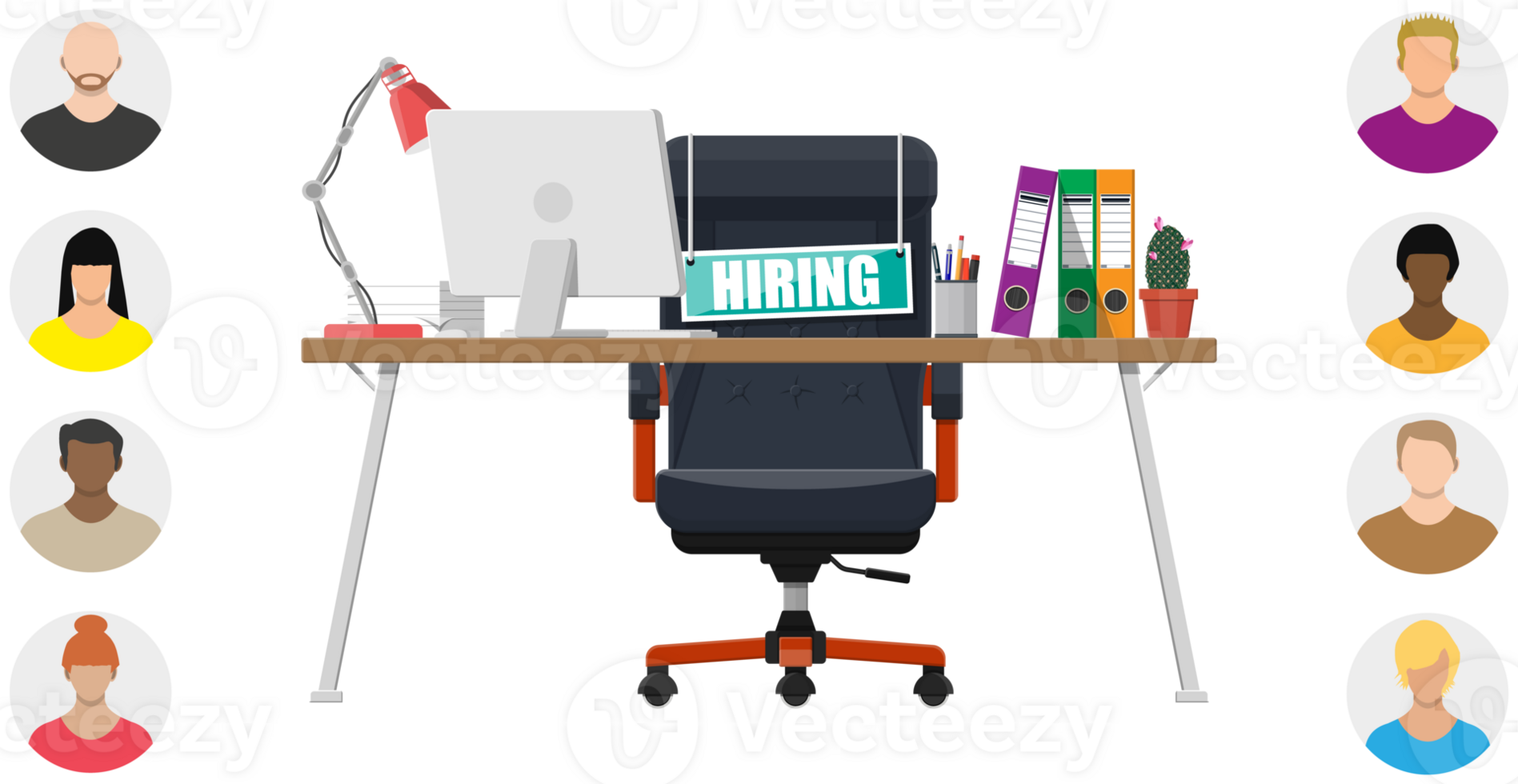 Office chair, sign vacancy, table with office items png