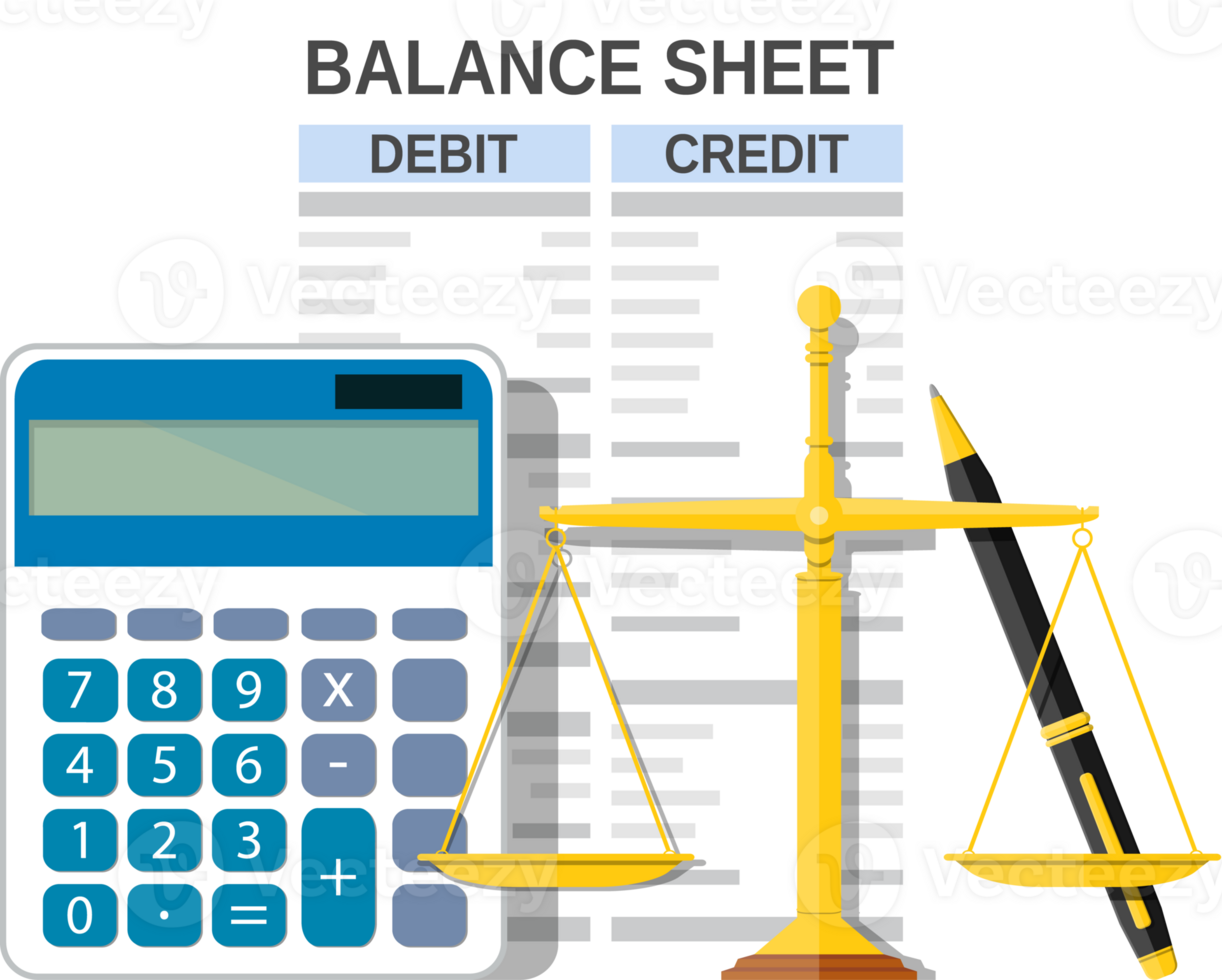Balance sheet with calculator, scales and pen png