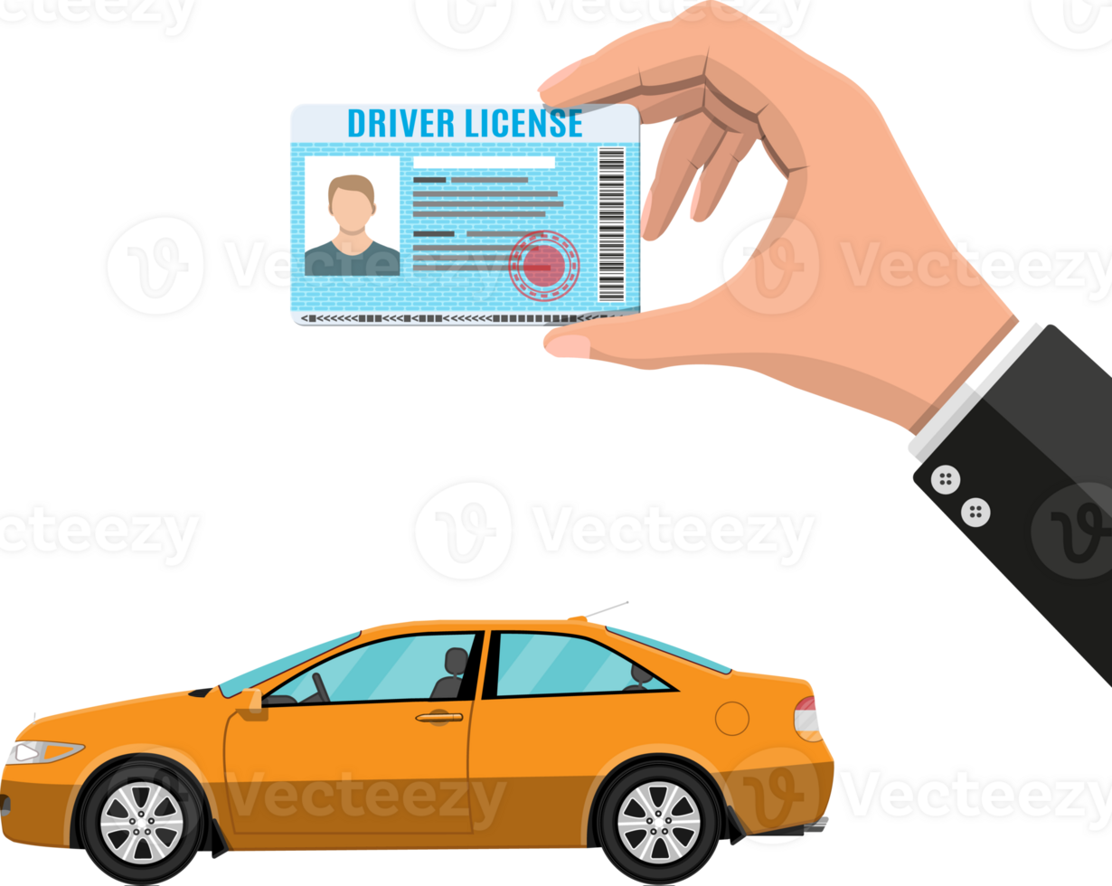 Driver license in hand and orange sedan car png