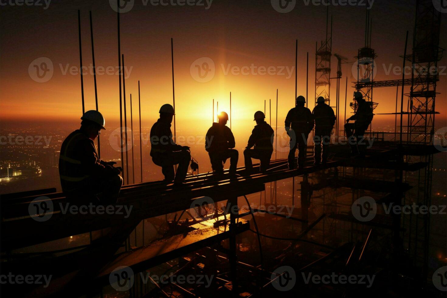 ai generado proyecto sinergia construcción ingeniero, contratista, trabajo en equipo silueta en construcción sitio foto