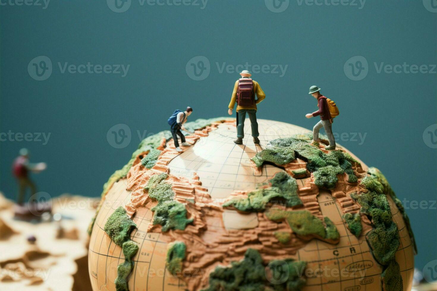 AI generated Destination journey Miniature travelers on the globe, finding their way photo