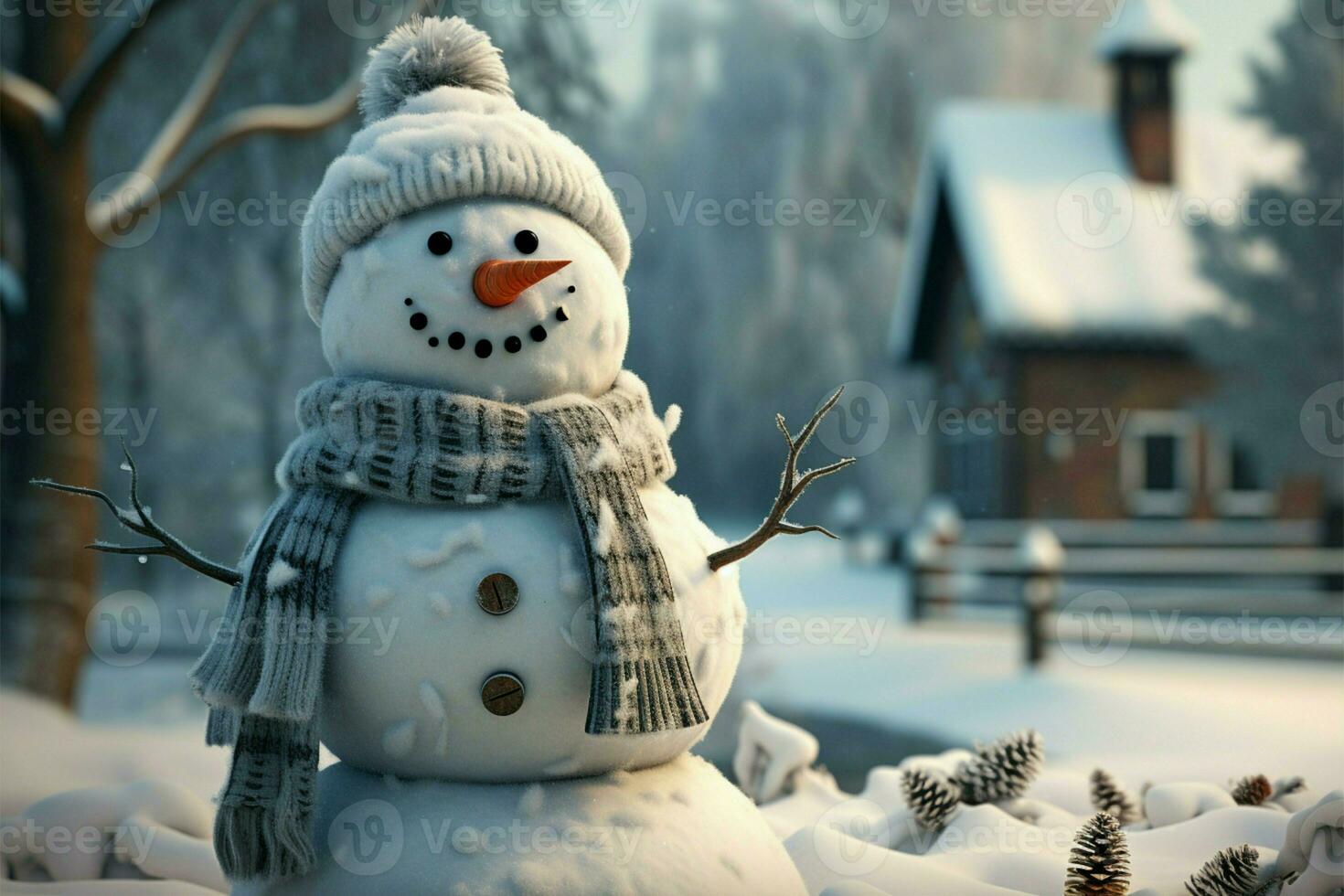 AI generated Festive frost Snowman graces winter landscape with snowy background scene photo