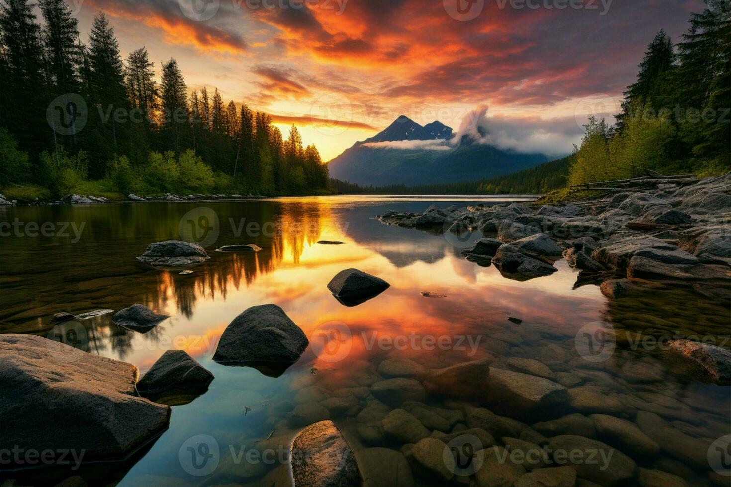 ai generado vistoso reflexión alto tatra montaña lago, atardecer, otoño excursionismo belleza foto