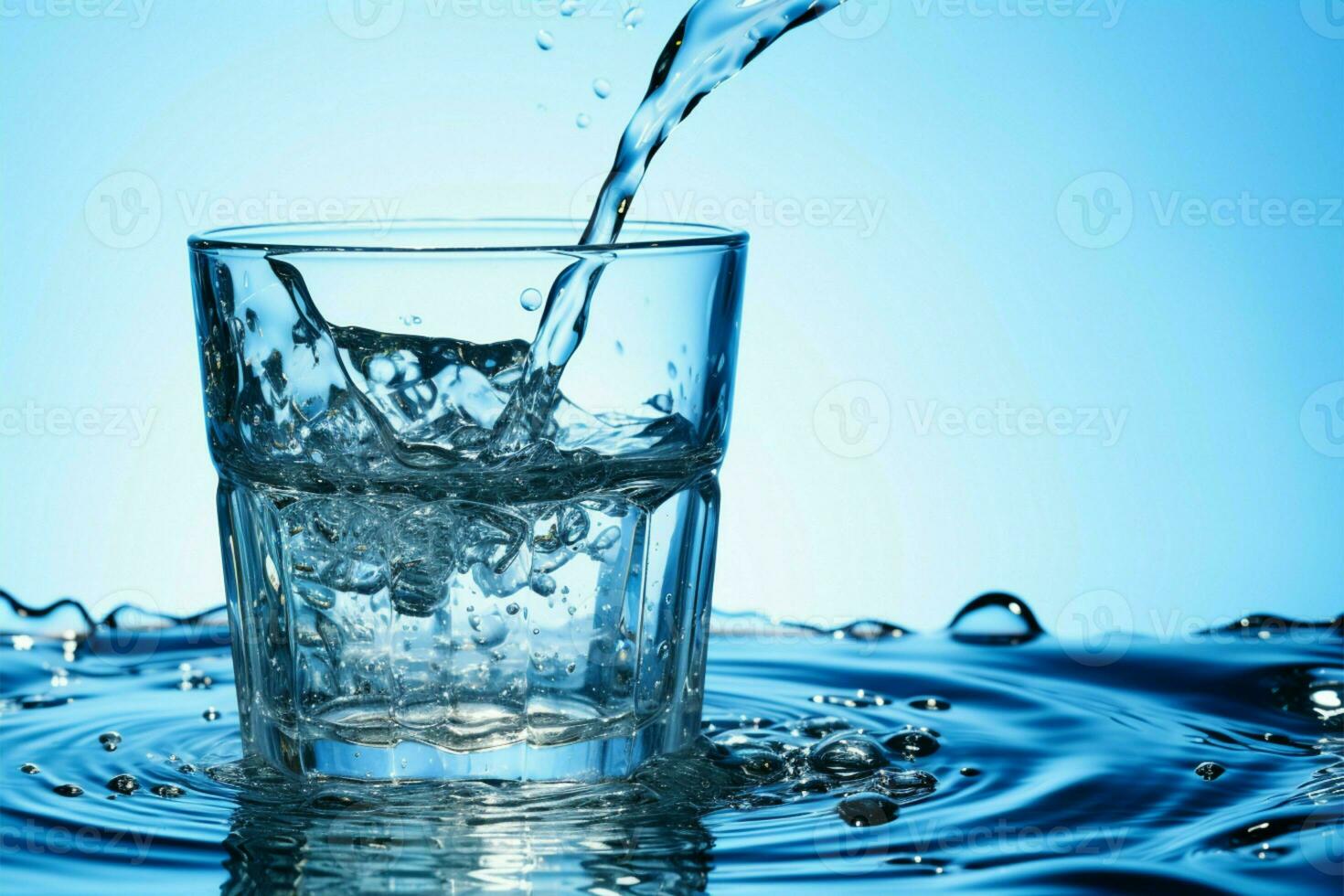 AI generated Pour perfection Water being poured into a glass on blue photo