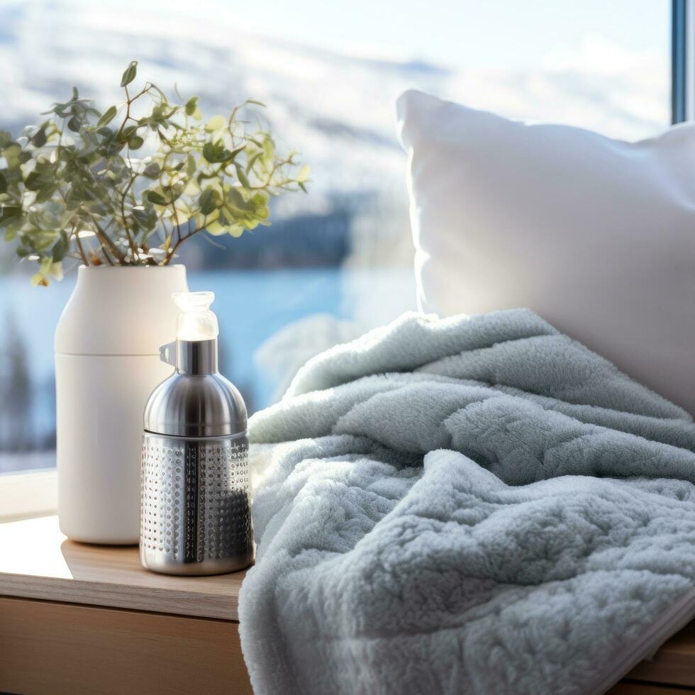 AI generated a fluffy blanket and a hot water bottle with a winter landscape in the background photo