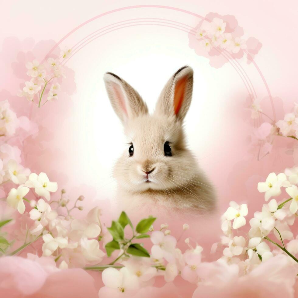 AI generated pink background with a cute and whimsical Easter bunny in the center, surrounded by spring flowers photo
