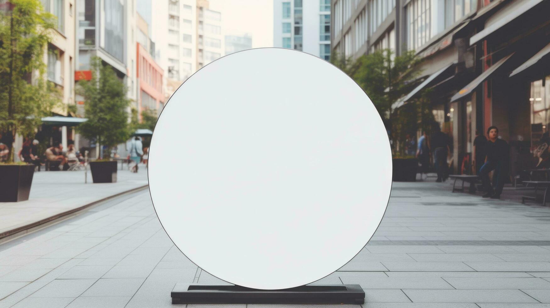 AI generated white minimal circular shop signboard with blank front on a mockup template in a street in a summer city , photo