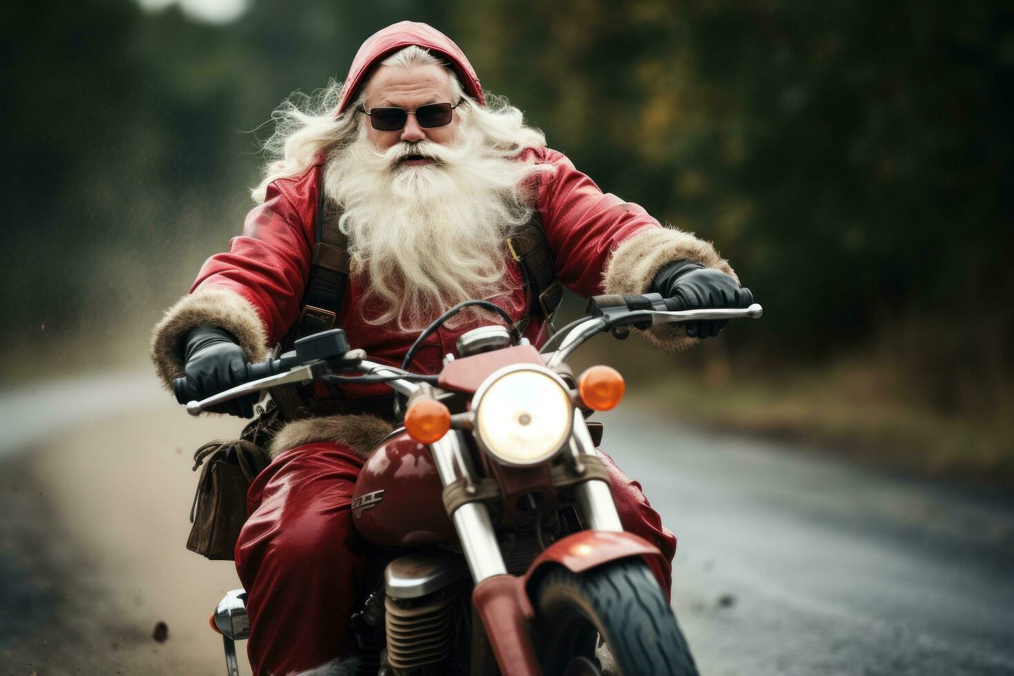 ai generado Papa Noel en moto con grande malo. foto