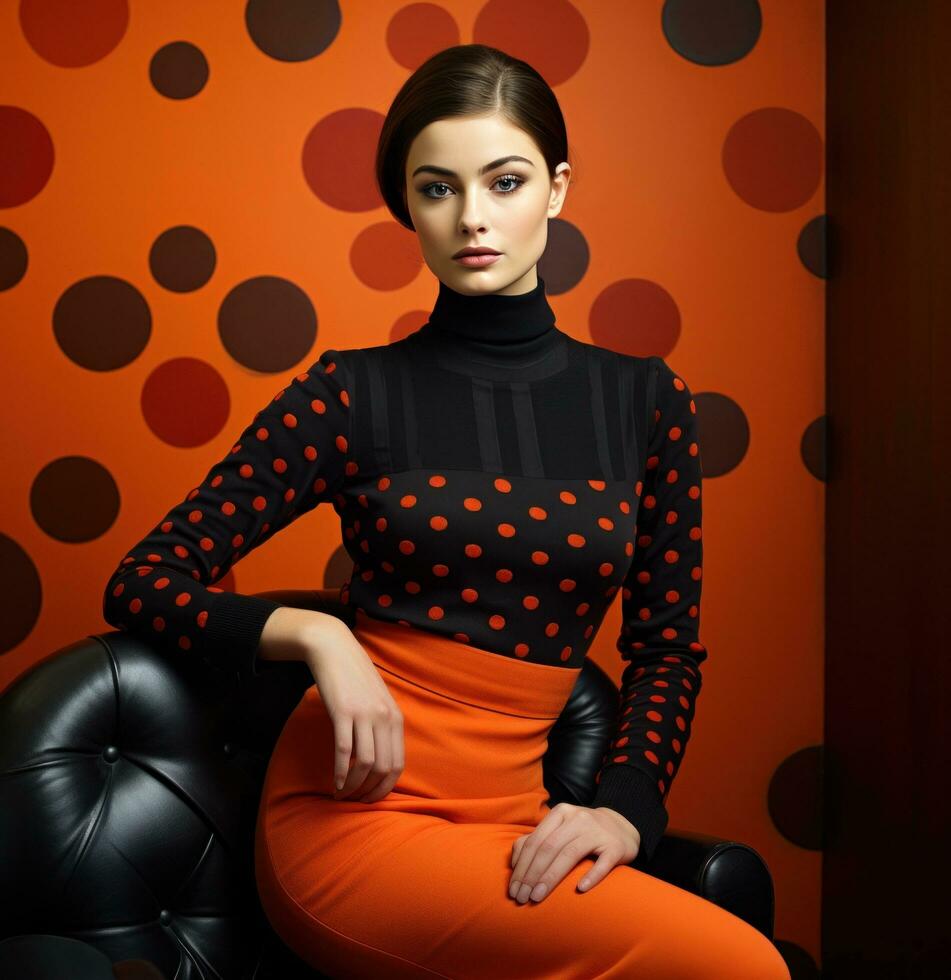 AI generated model wears an orange polka dot sweater, photo