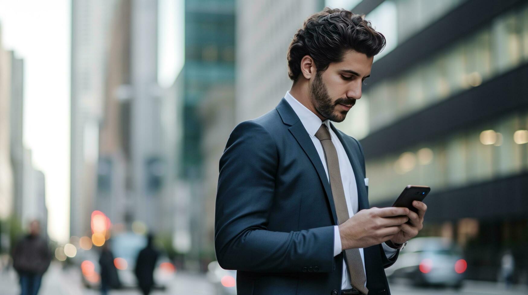 AI generated A man in a suit walking down a busy city street, looking at his phone with skyscrapers in background photo