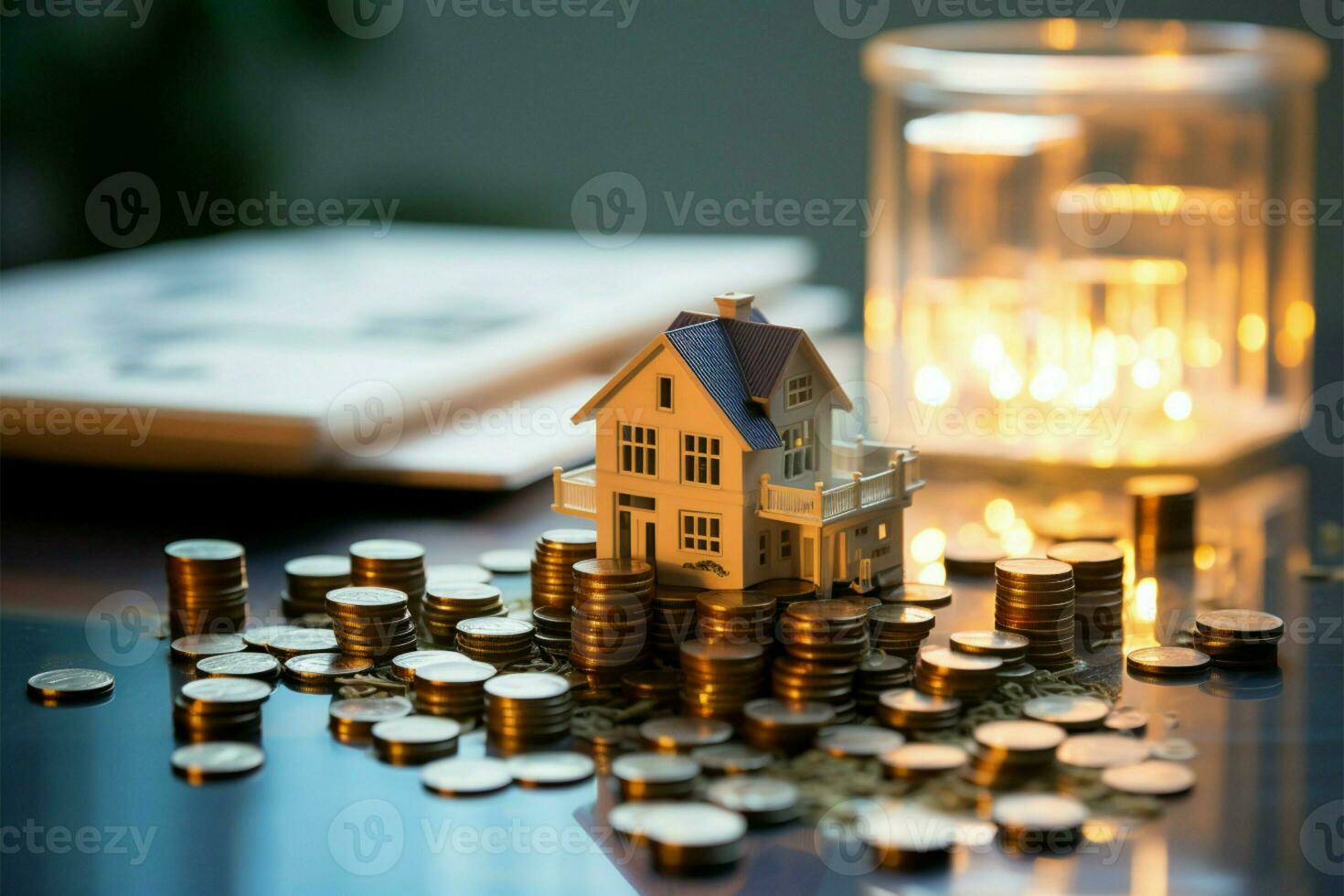 AI generated Investment preparation Money and coins saved for future real estate photo