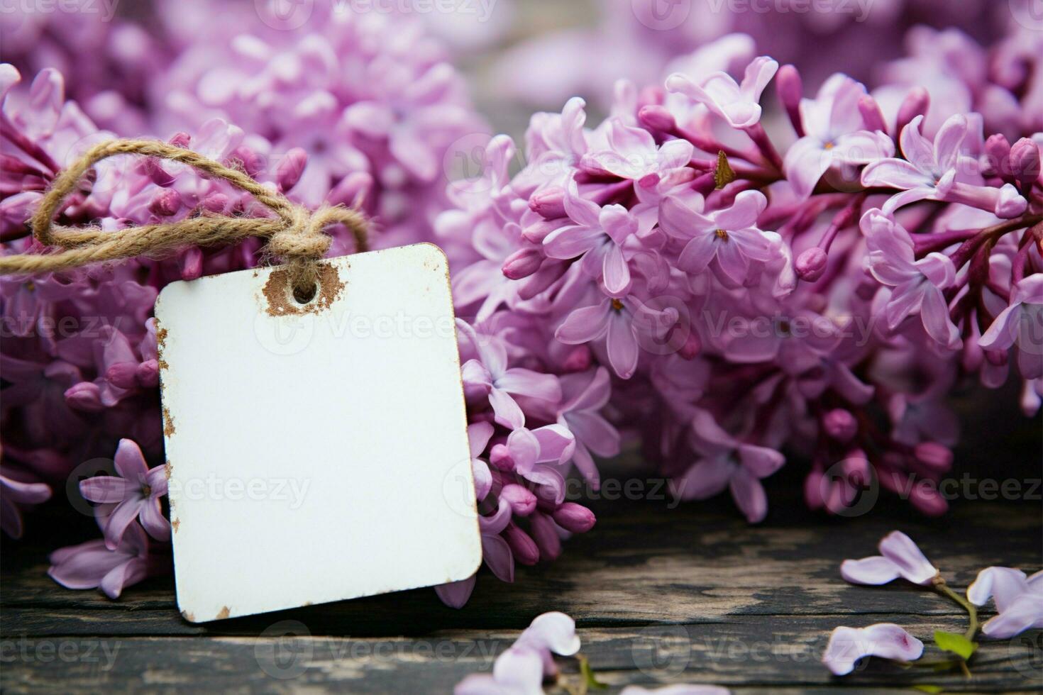 AI generated Tagged blossoms Lilac flowers with an empty tag, weathered wood photo