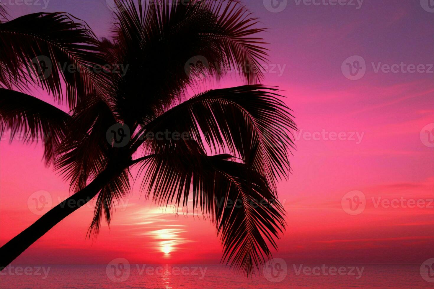 AI generated Tropical tranquility Palm tree silhouette on a serene pink sky photo