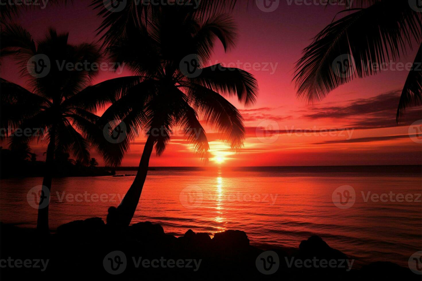 AI generated Sunset serenity Palm tree silhouette graces a beautiful tropical beach photo