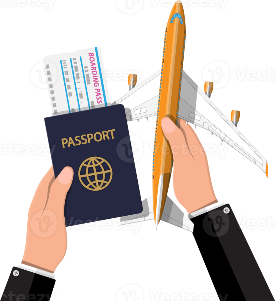 Passenger jet, boarding pass and passport in hand png