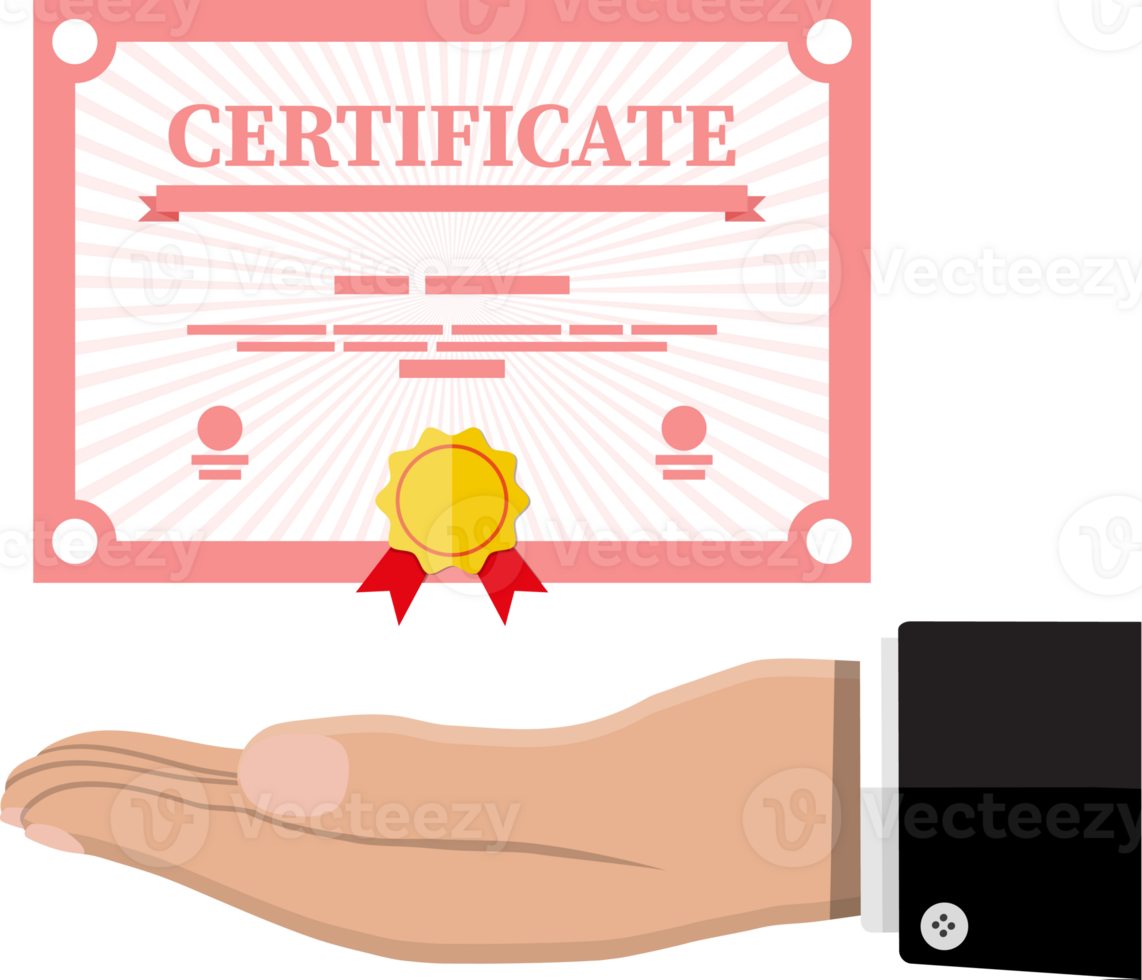 Paper certificate with stamp and ribbons png