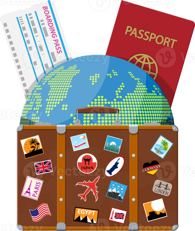 reizen koffer met stickers en wereld kaart png