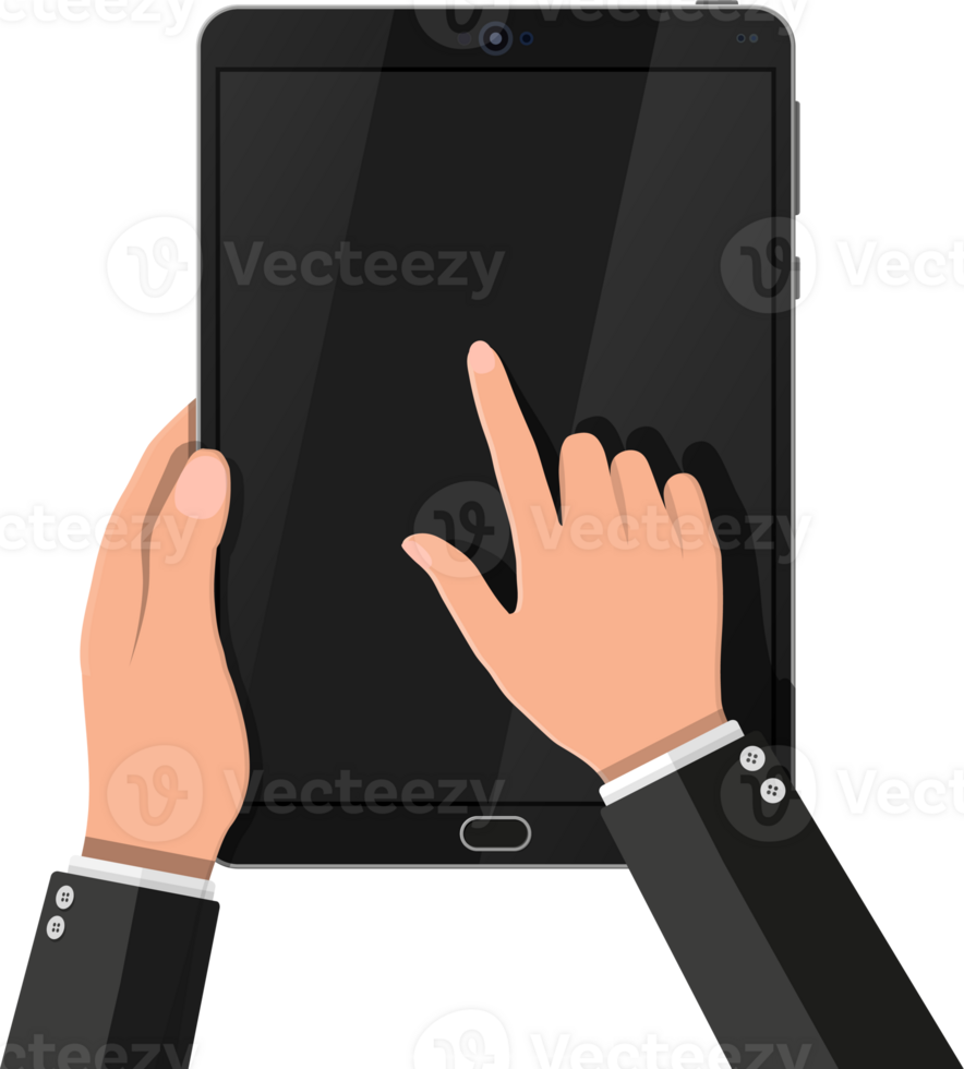 Hand touching screen of black tablet computer png