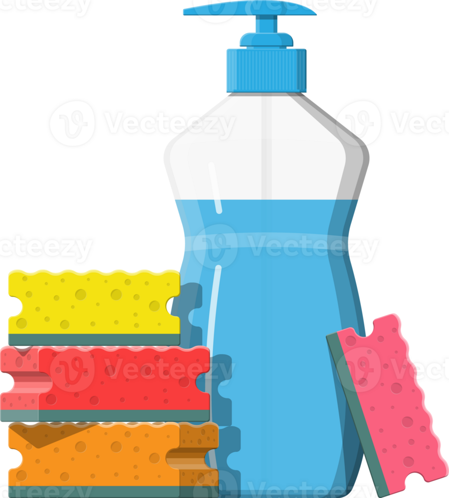 Bottle with liquid detergent or spray and sponge 35774935 PNG