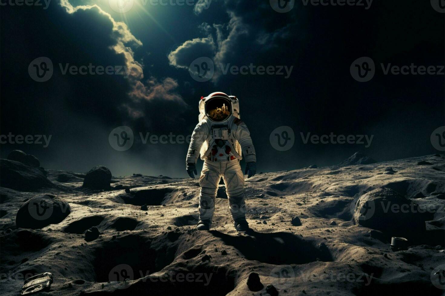 AI generated Lunar exploration Astronaut in space suit walks on the moon photo