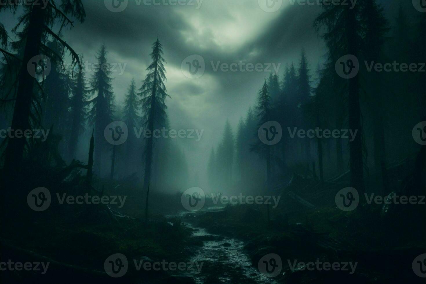 AI generated Enchanting fog Mist magic in a dark forest, mysterious ambiance photo