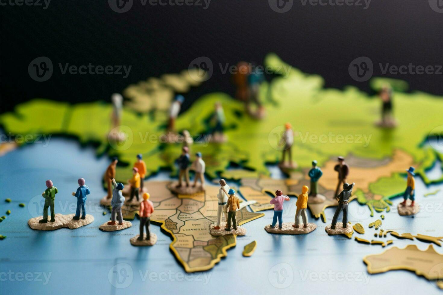 AI generated Adventure journey Miniature people exploring a world map, travel concept photo