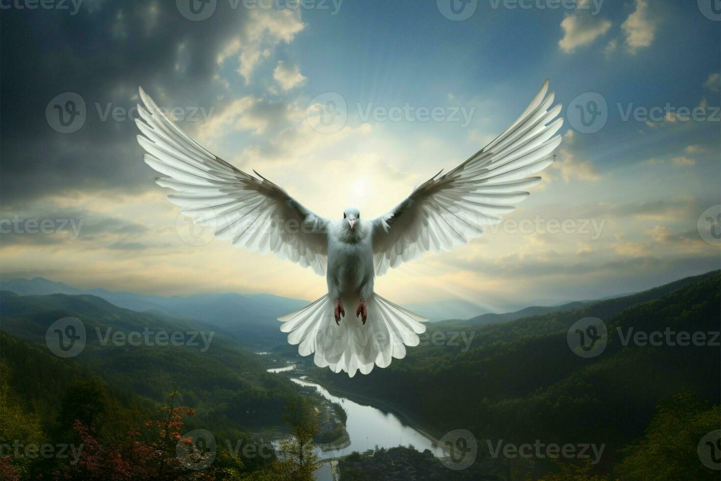 AI generated Skyward grace Dove with outstretched wings, a symbol of peace photo