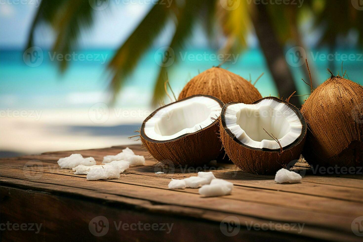 AI generated Coastal elegance Wooden table with coconut on a tropical beach photo