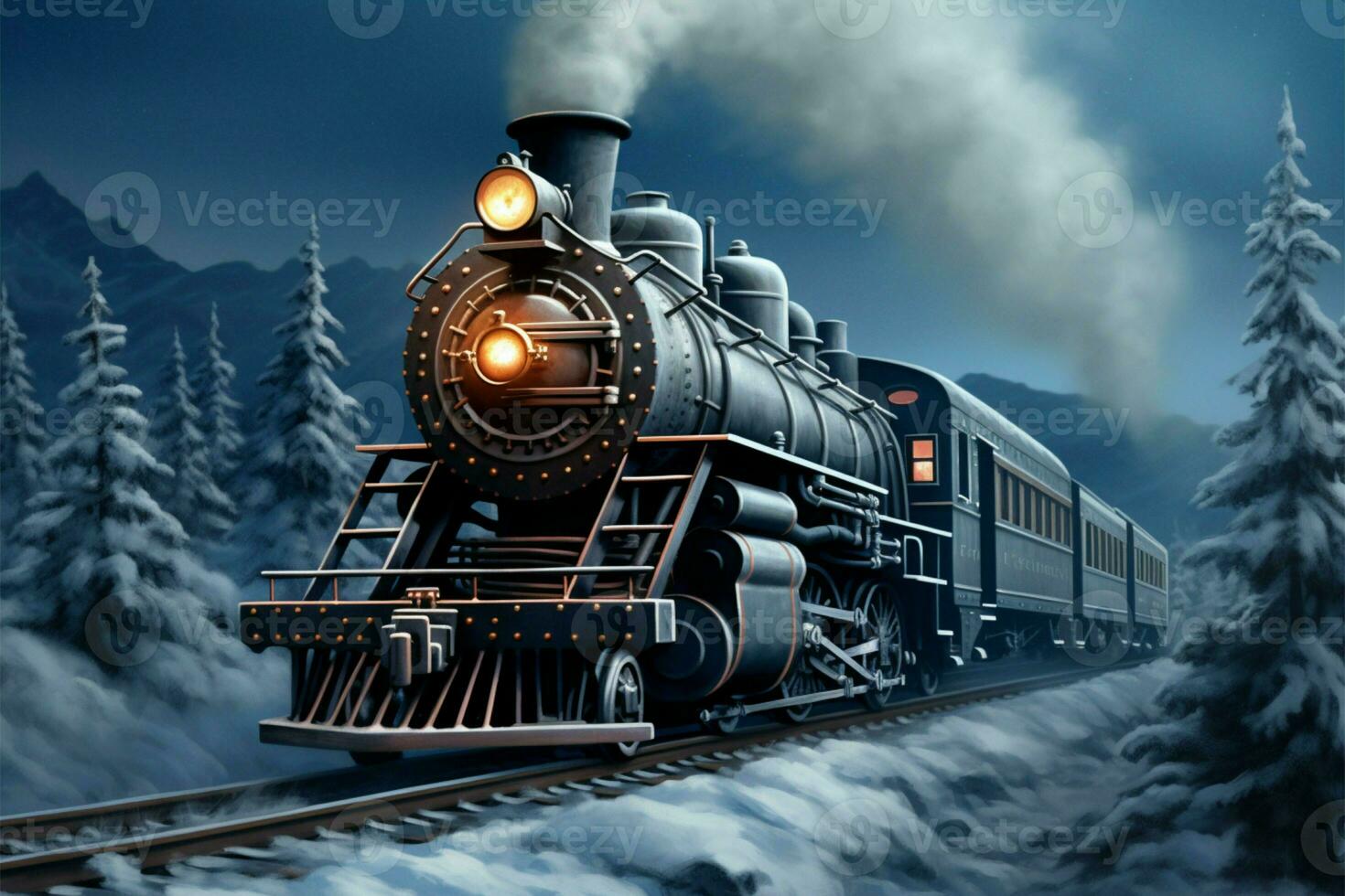 AI generated Forest expedition 3D illustration depicts a steam locomotive in winter scenery photo